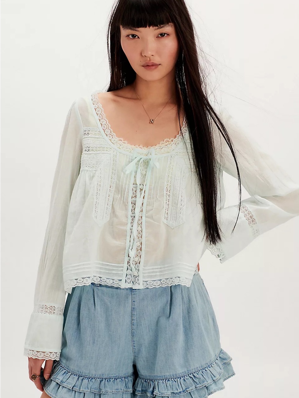 Free People • Forevermore sheer blue long sleeve blouse